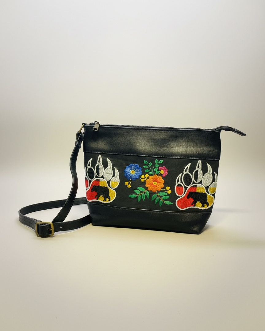 Black handbag with floral and bear paw designs on a white background