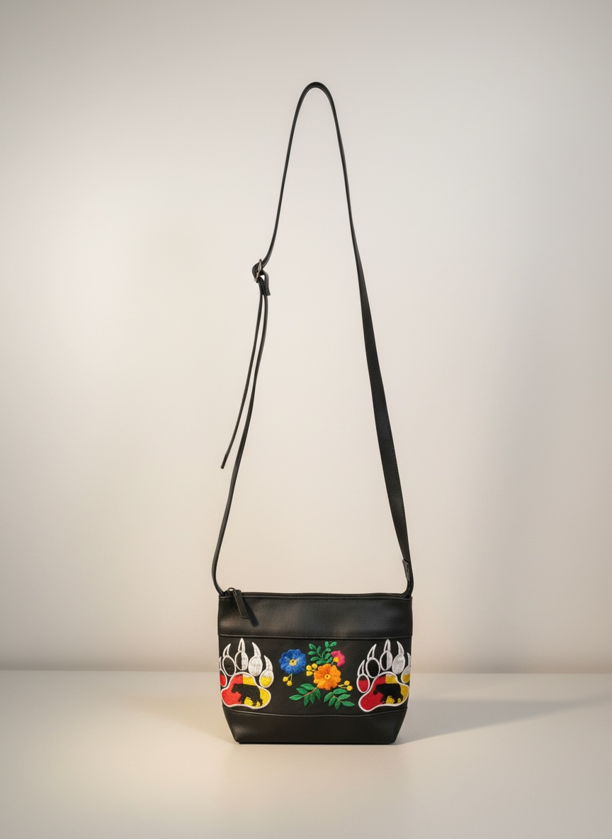 Black handbag with floral and paw print design on a light gray background