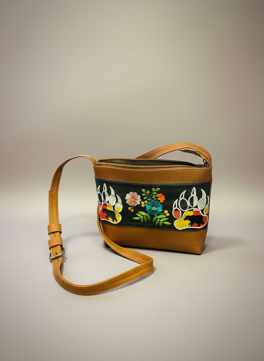 Brown leather handbag with floral and bear paw designs on a beige background