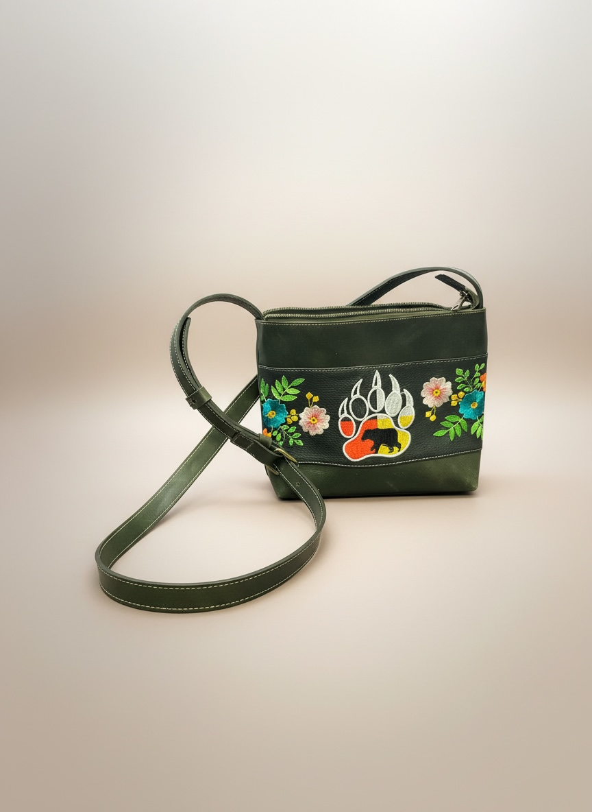 Green handbag with floral embroidery on a light gray background