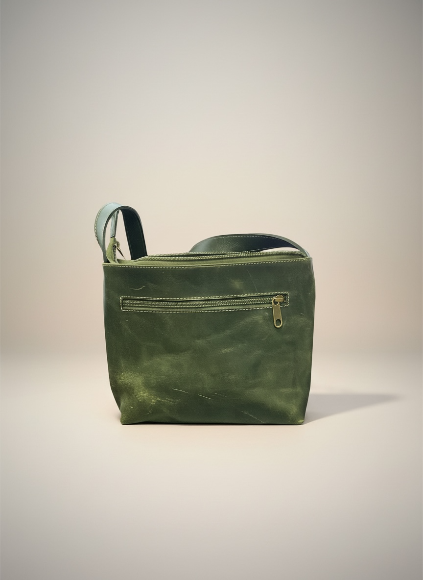 Green leather bag with a zipper on a light gray background