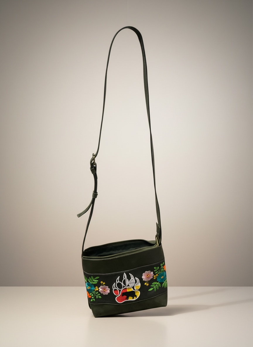 Green handbag with floral and bear paw design on a neutral background