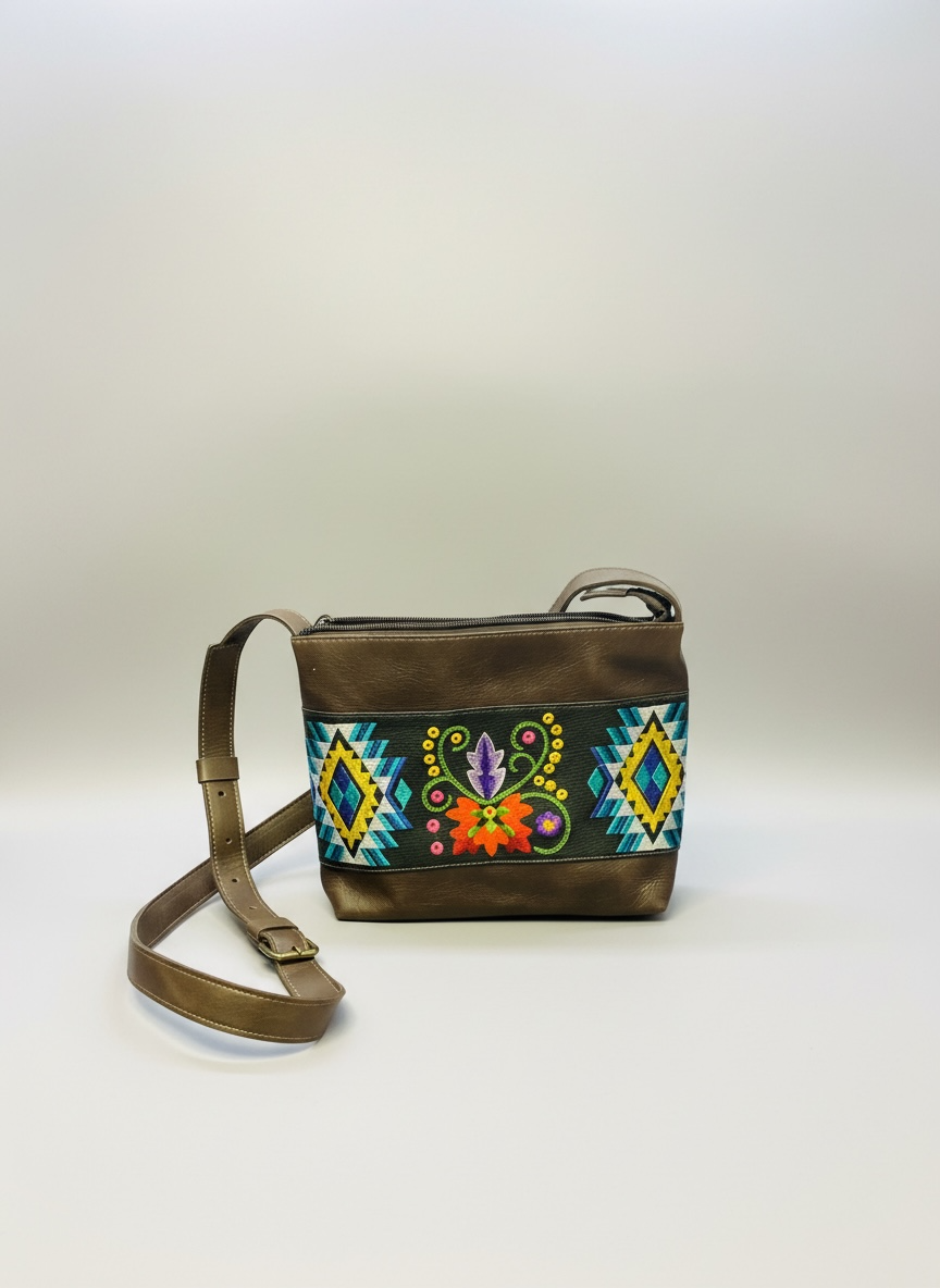 Brown leather handbag with colorful embroidery on a white background