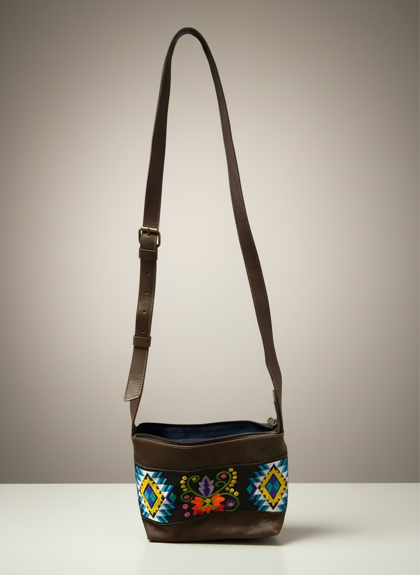 Brown leather bag with colorful embroidery on a beige background