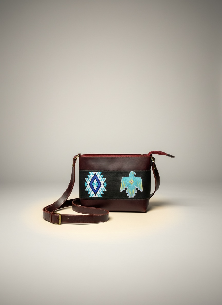 Brown leather crossbody bag with tribal design on a gray background